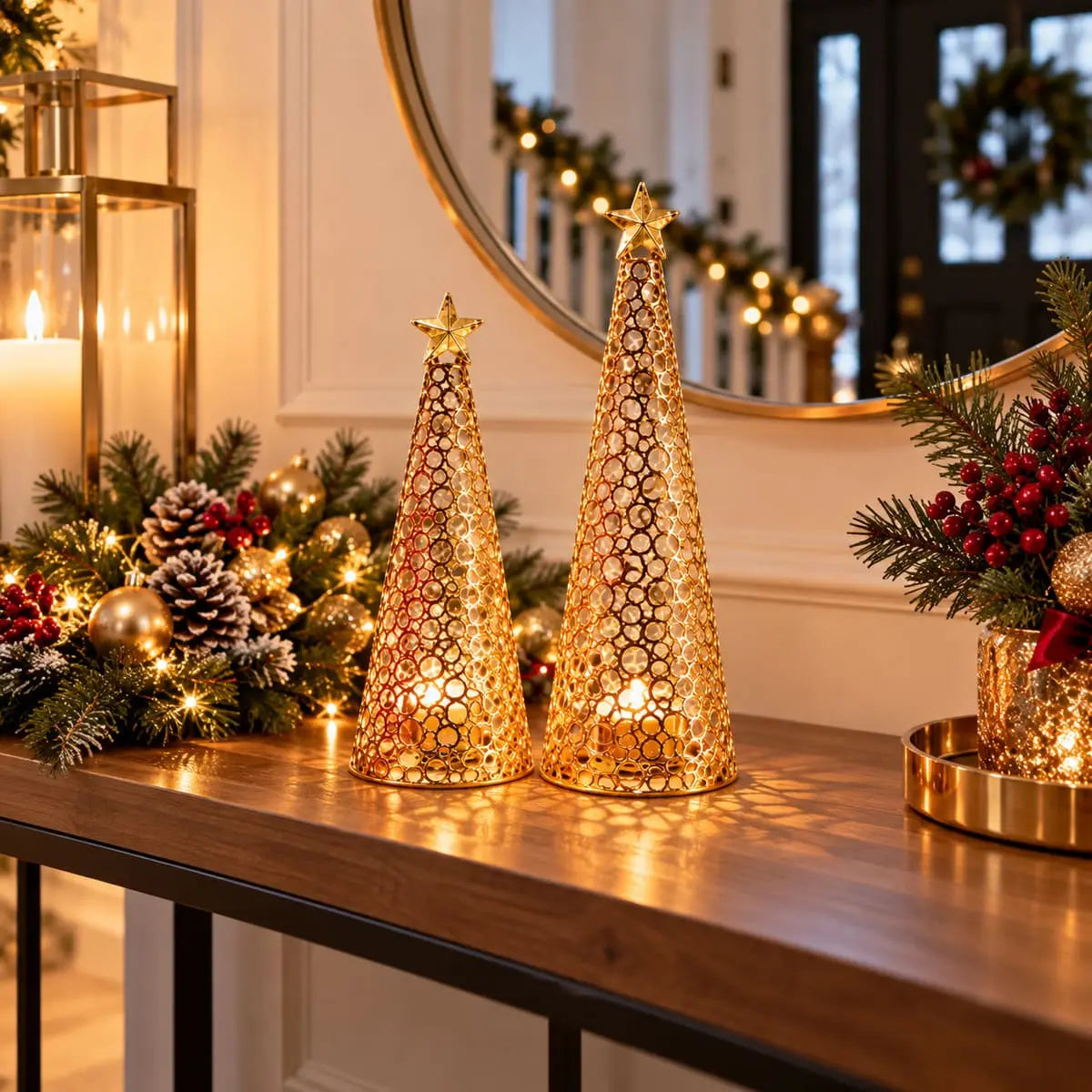 Petit et grand bougeoirs sapin dorés allumés sur une console d'entrée décorée pour Noël