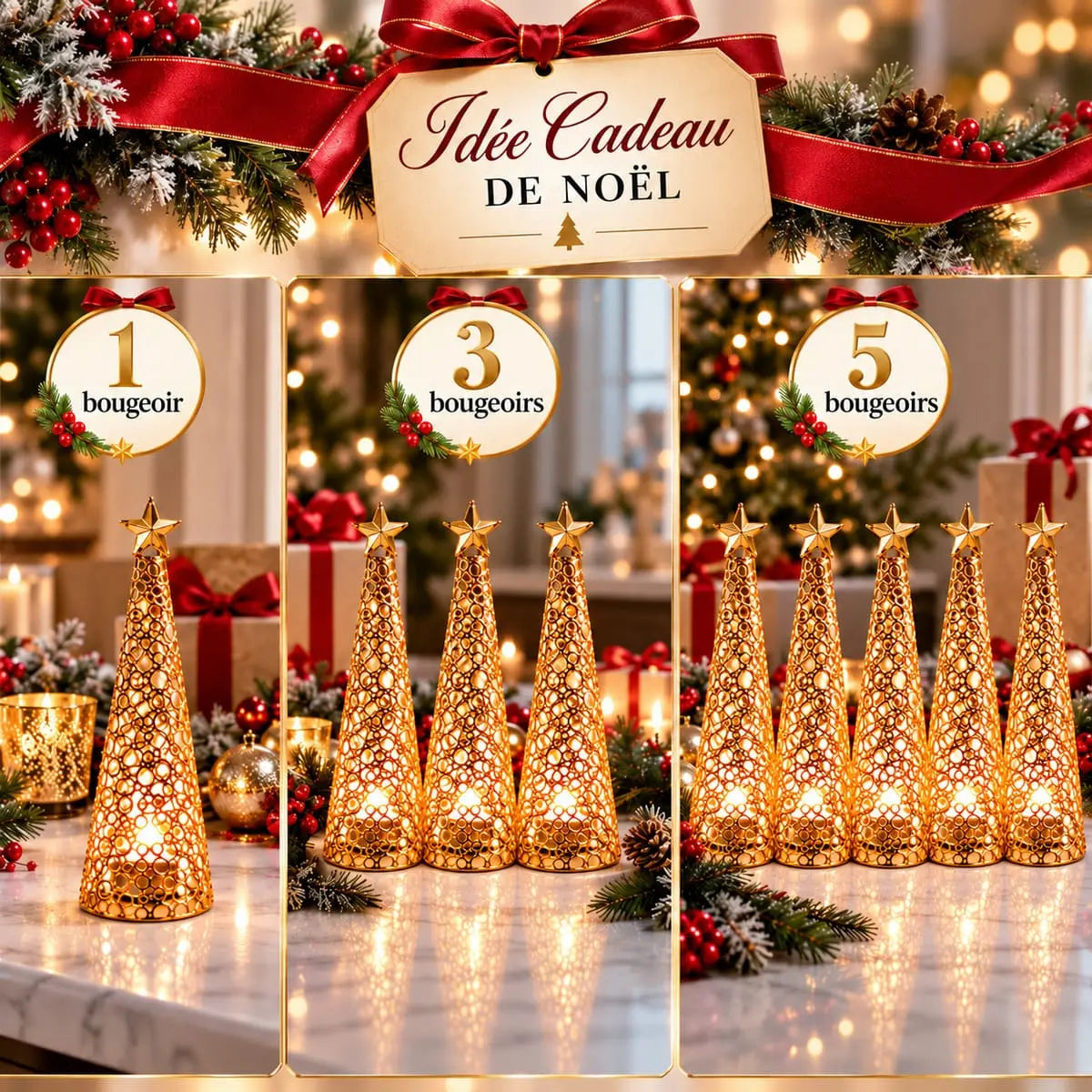 Idée cadeau de Noël : bougeoir sapin doré à l'unité, en lot de 3 ou en lot de 5