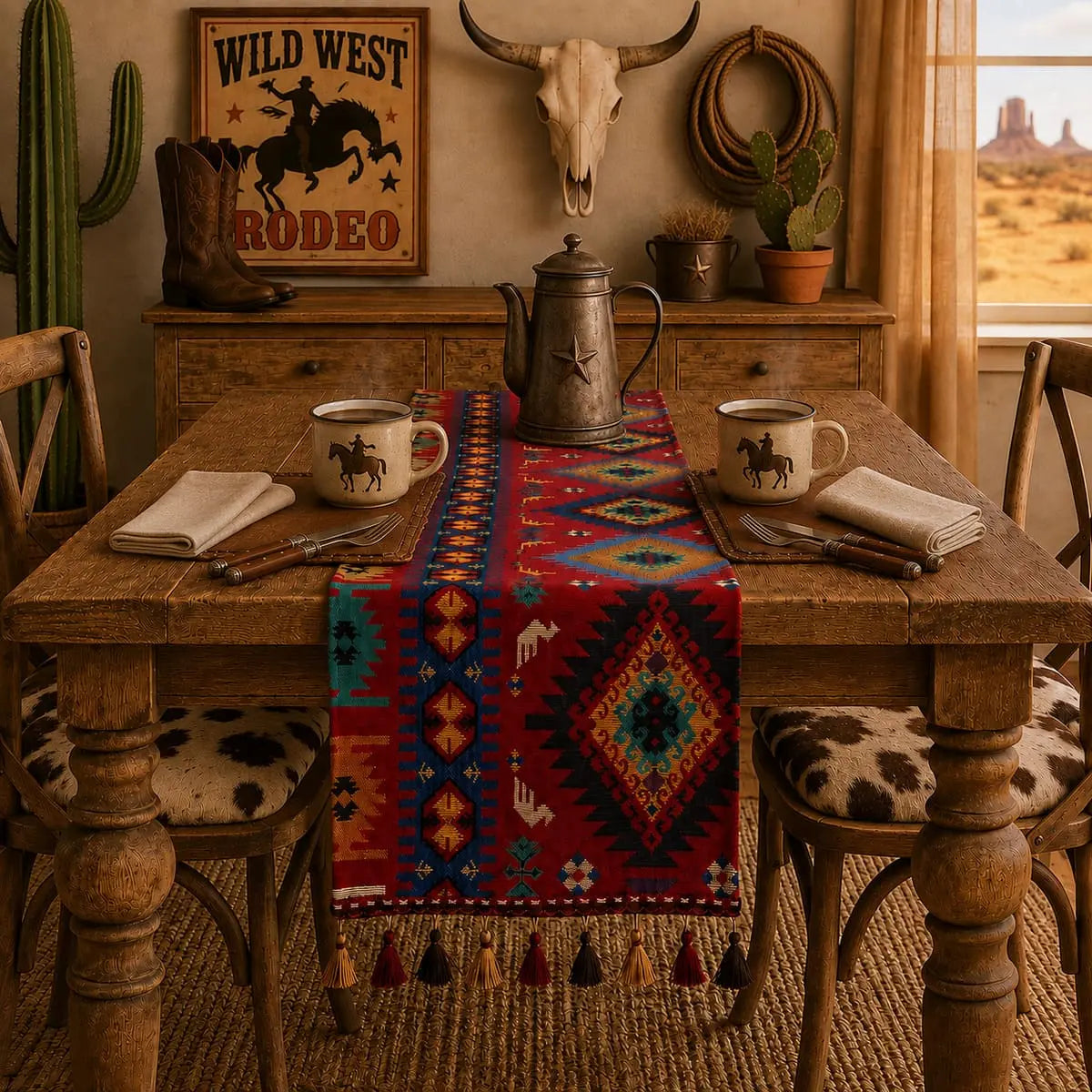 Chemin de table bohème à grands losanges sur table en bois, décor far west avec crâne de vache, cactus et théière vintage