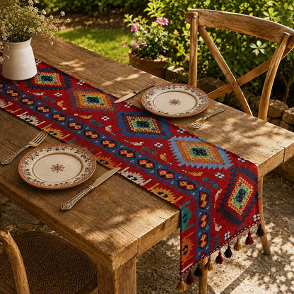 Chemin de table bohème à grands losanges sur table en bois, en extérieur dans un jardin avec assiettes fleuries