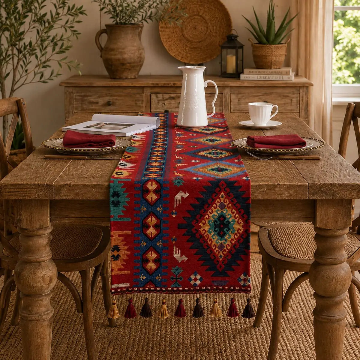 Chemin de table bohème à grands losanges sur table à dîner en bois, avec pichet blanc et pompons colorés