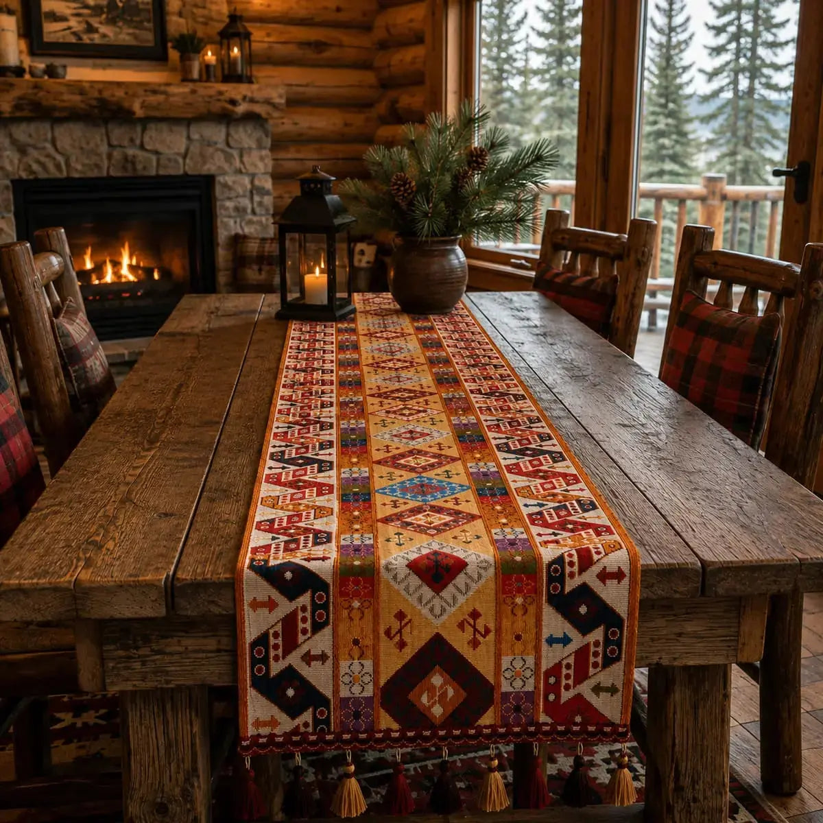 Chemin de table bohème à petits losanges sur table en bois rustique, ambiance chalet d'hiver avec cheminée et bougie