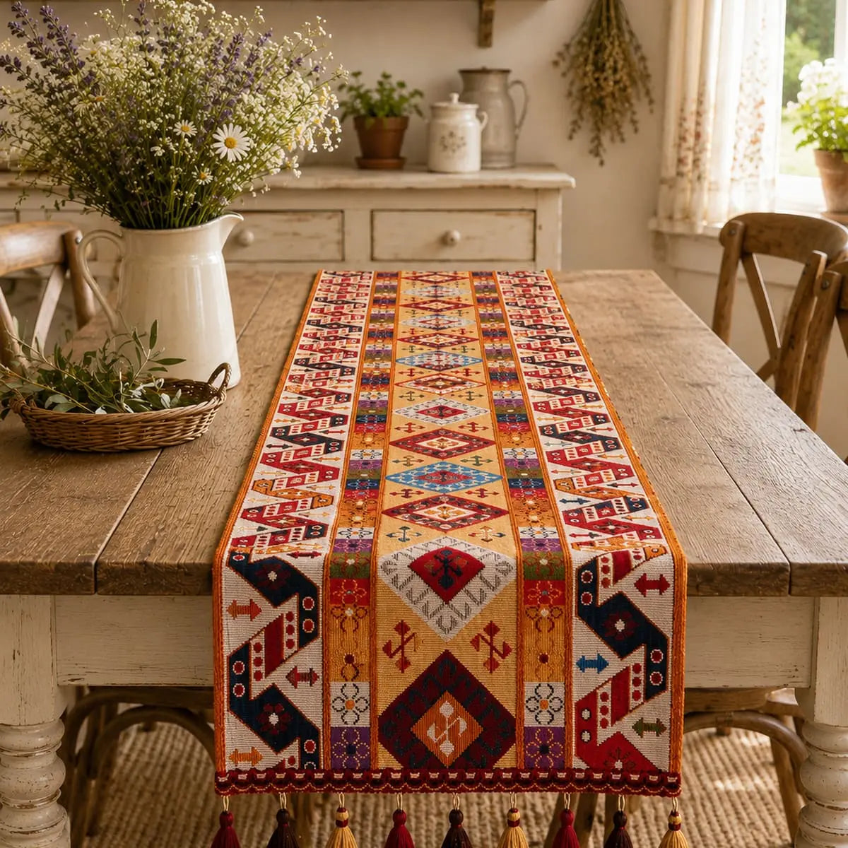 Chemin de table bohème à petits losanges sur table champêtre en bois, avec pichet de fleurs sauvages et pompons