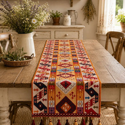 Chemin de table bohème à petits losanges sur table champêtre en bois, avec pichet de fleurs sauvages et pompons
