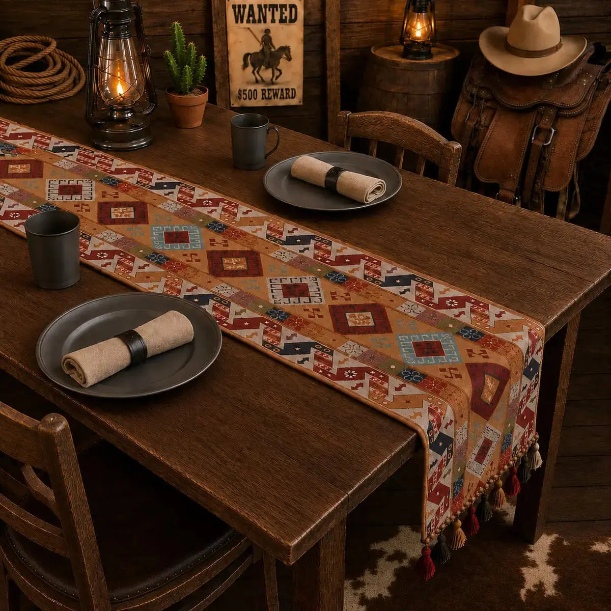 Chemin de table bohème à petits losanges sur table en bois, décor far west avec lanterne, chapeau de cowboy et selle