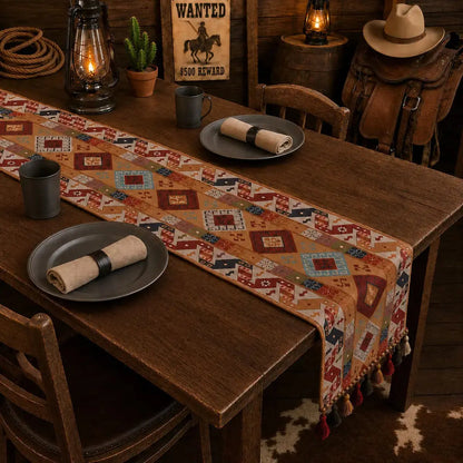 Chemin de table bohème à petits losanges sur table en bois, décor far west avec lanterne, chapeau de cowboy et selle