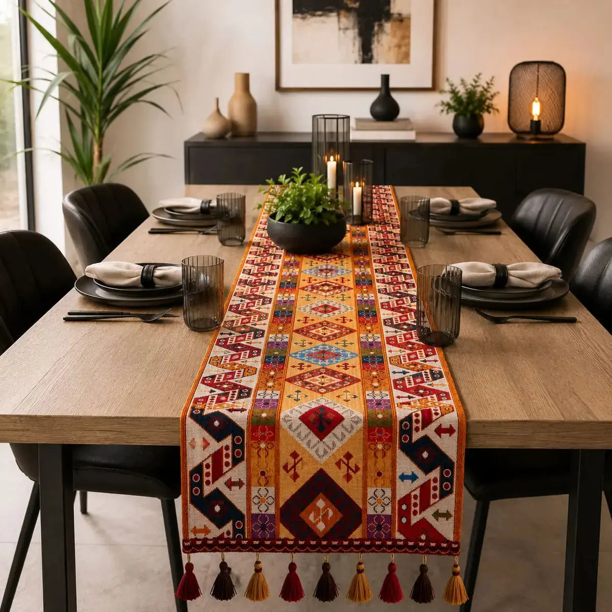 Chemin de table bohème à petits losanges sur table à manger moderne, avec vaisselle noire, bougies et verres fumés