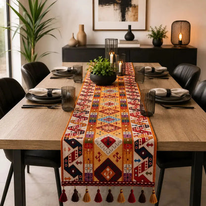Chemin de table bohème à petits losanges sur table à manger moderne, avec vaisselle noire, bougies et verres fumés
