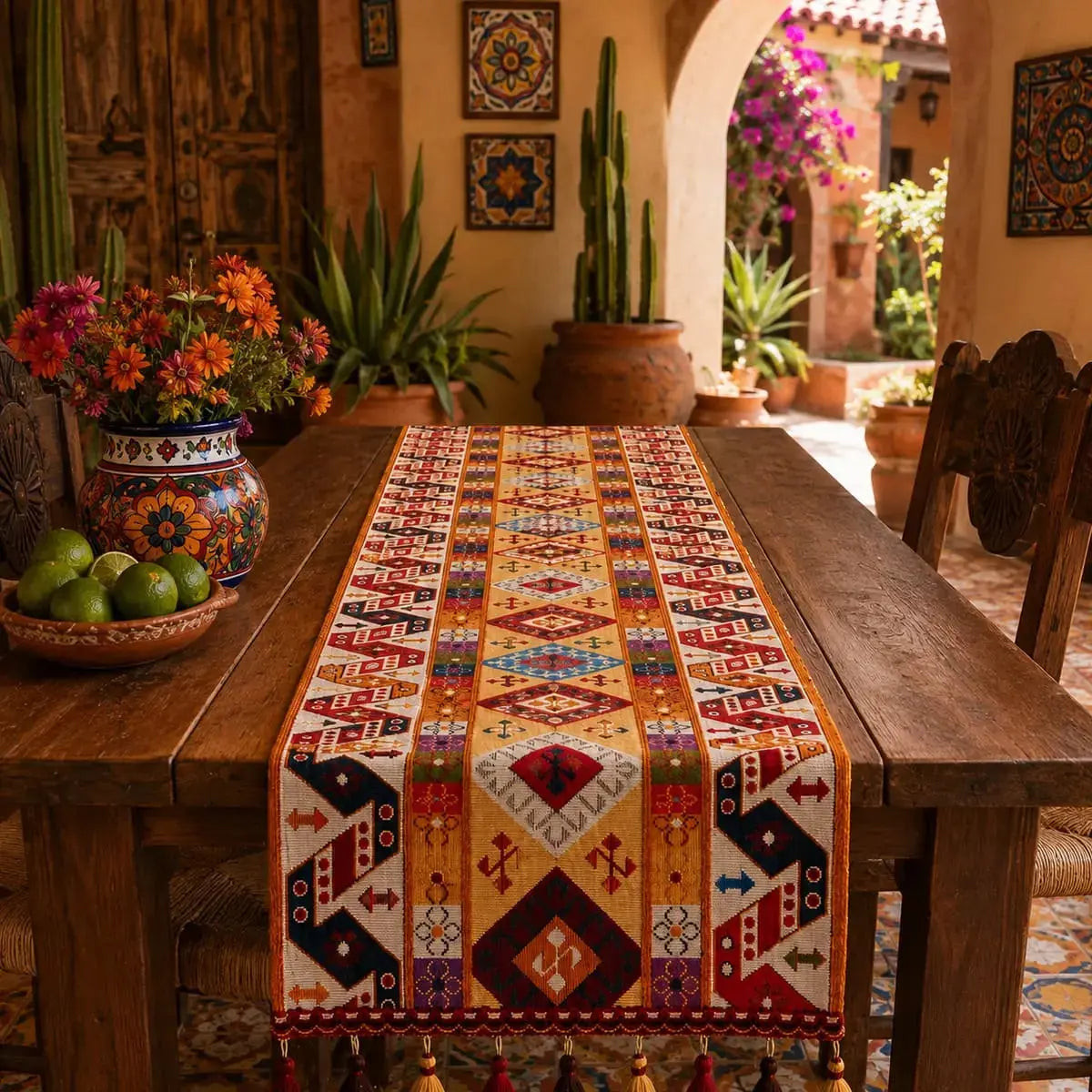 Chemin de table bohème à petits losanges sur table en bois, terrasse de style hacienda mexicaine avec cactus et céramiques colorées
