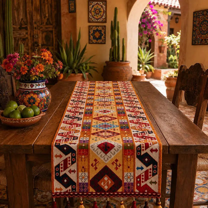 Chemin de table bohème à petits losanges sur table en bois, terrasse de style hacienda mexicaine avec cactus et céramiques colorées