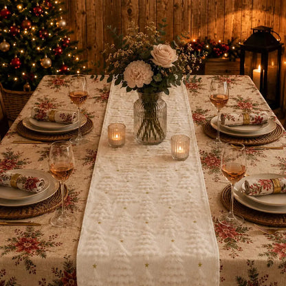 Chemin de table de Noël beige à motifs de sapins texturés, sur table dressée avec nappe fleurie et verres de vin rosé