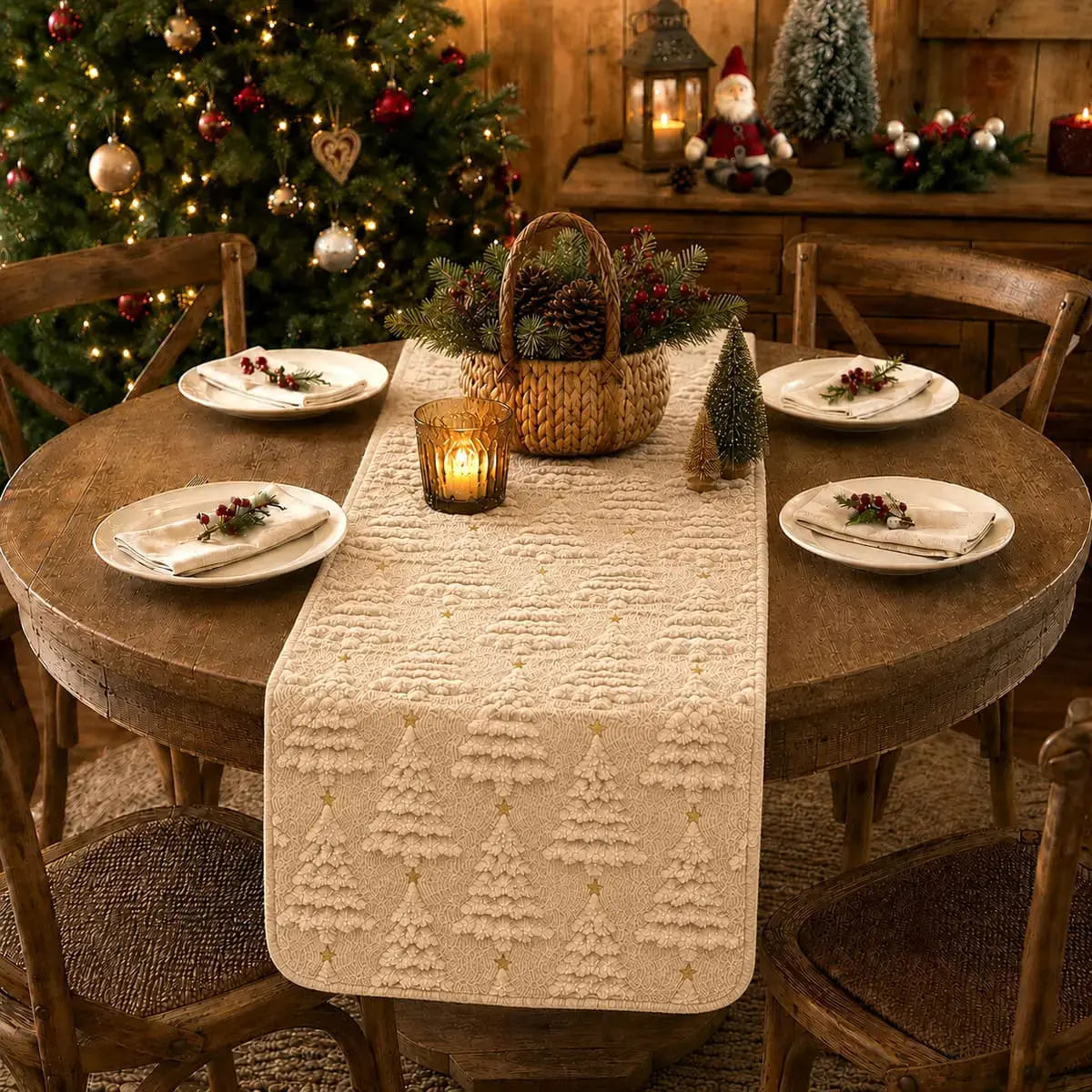 Chemin de table de Noël beige à motifs de sapins texturés, sur table ronde rustique avec panier de pommes de pin