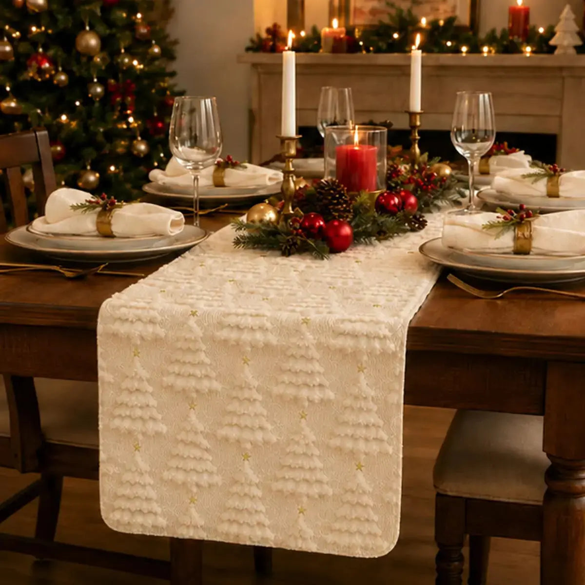 Chemin de table de Noël beige à motifs de sapins texturés, sur table dressée avec bougies et centre de table festif