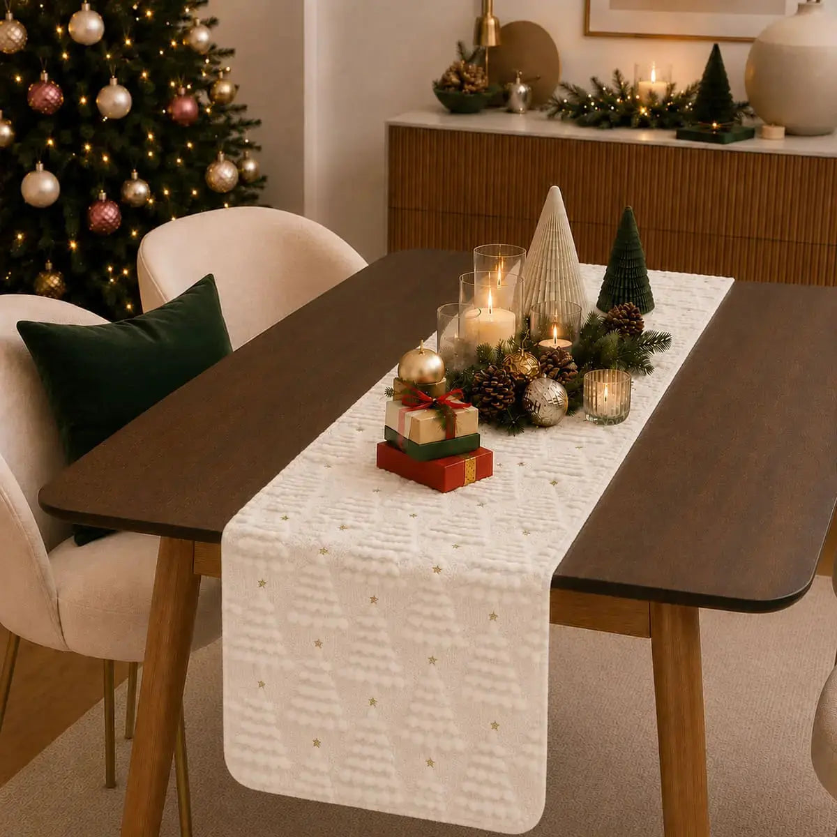 Chemin de table de Noël blanc crème à motifs de sapins texturés, sur table moderne minimaliste avec cadeaux et bougies