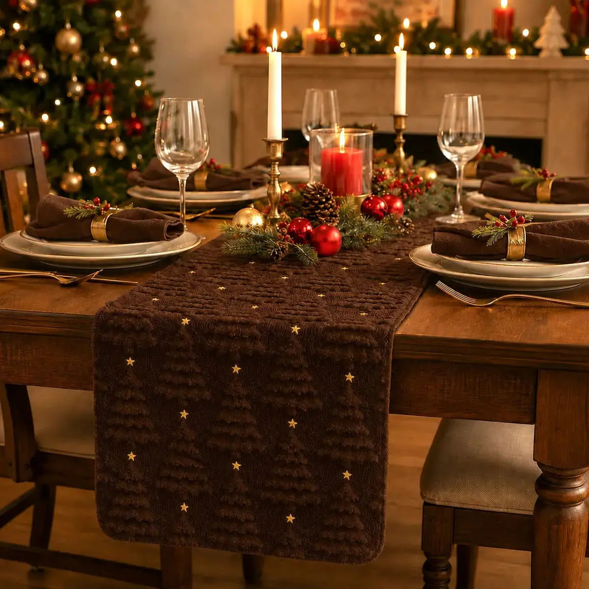 Chemin de table de Noël brun foncé à motifs de sapins texturés, sur table dressée avec bougies et décorations dorées