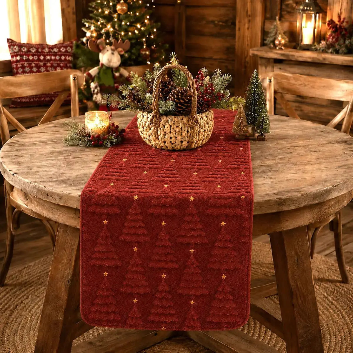 Chemin de table de Noël brun rouge à motifs de sapins texturés, sur table ronde rustique avec décorations de sapin