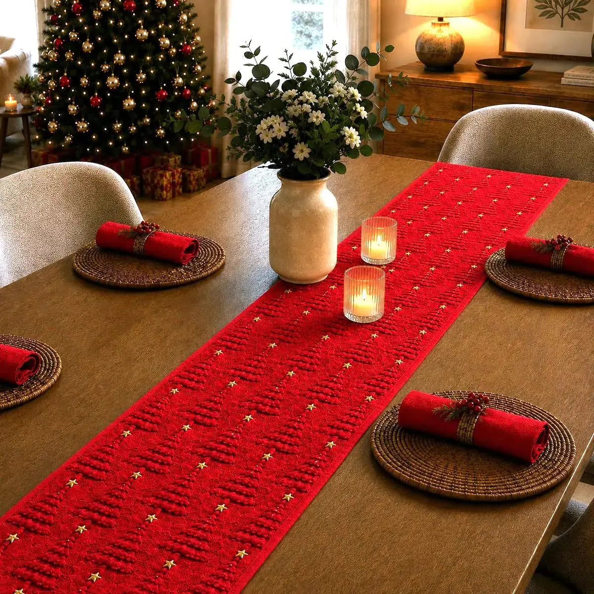 Chemin de table de Noël rouge à motifs de sapins texturés, sur table dressée moderne avec sapin décoré et bougies