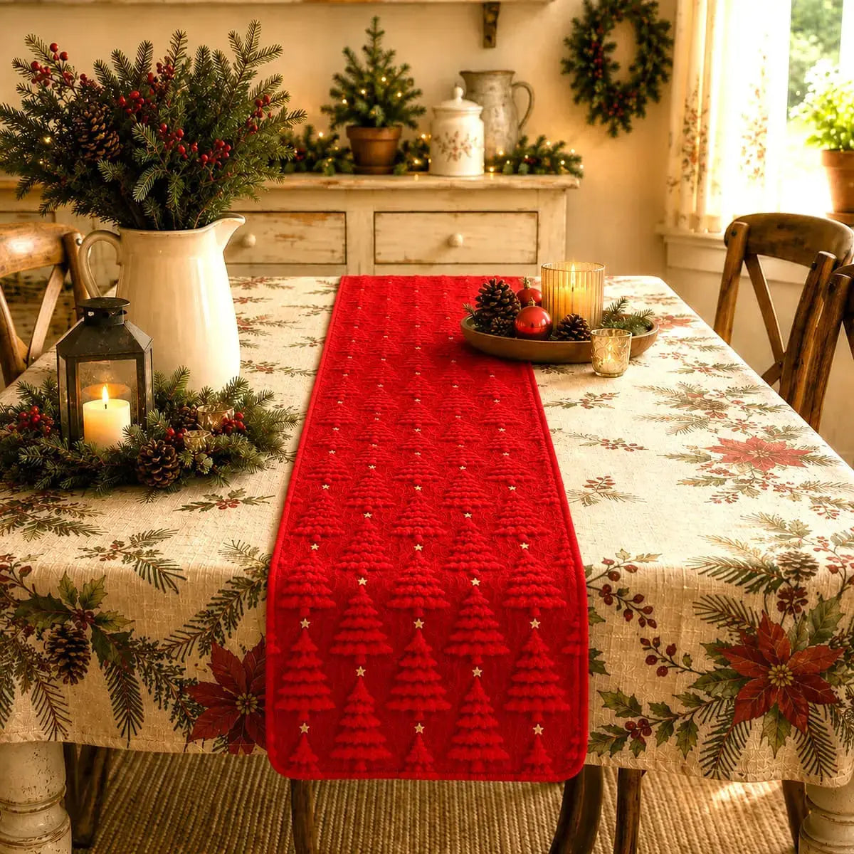 Chemin de table de Noël rouge à motifs de sapins texturés, sur nappe fleurie avec pichet, bougies et pommes de pin