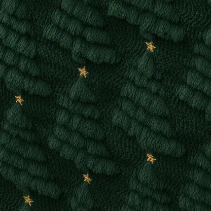 Gros plan sur le tissage en relief du chemin de table de Noël vert forêt, motifs de sapins texturés avec étoiles dorées