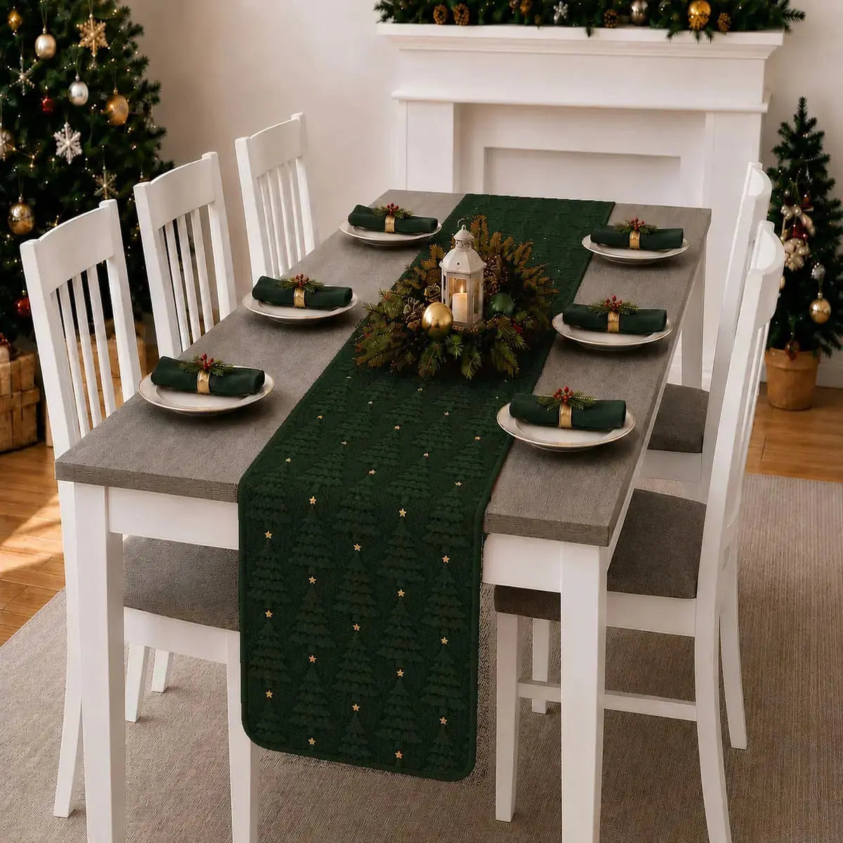 Chemin de table de Noël vert forêt à motifs de sapins texturés, sur table dressée pour six avec lanterne et couronne de sapin