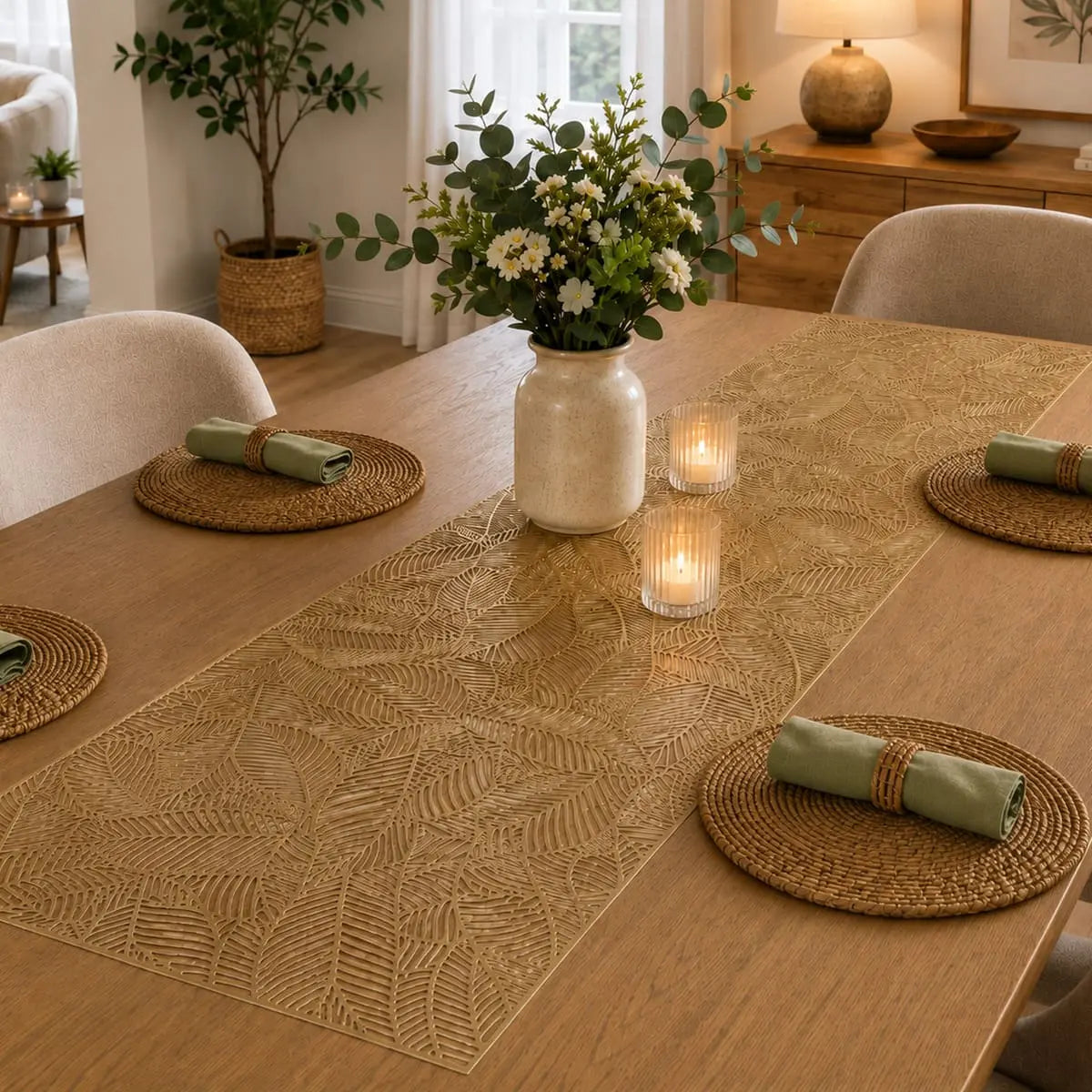 Chemin de table vinyle doré au motif de feuille sur table en bois champêtre, avec bougies et bouquet d'eucalyptus