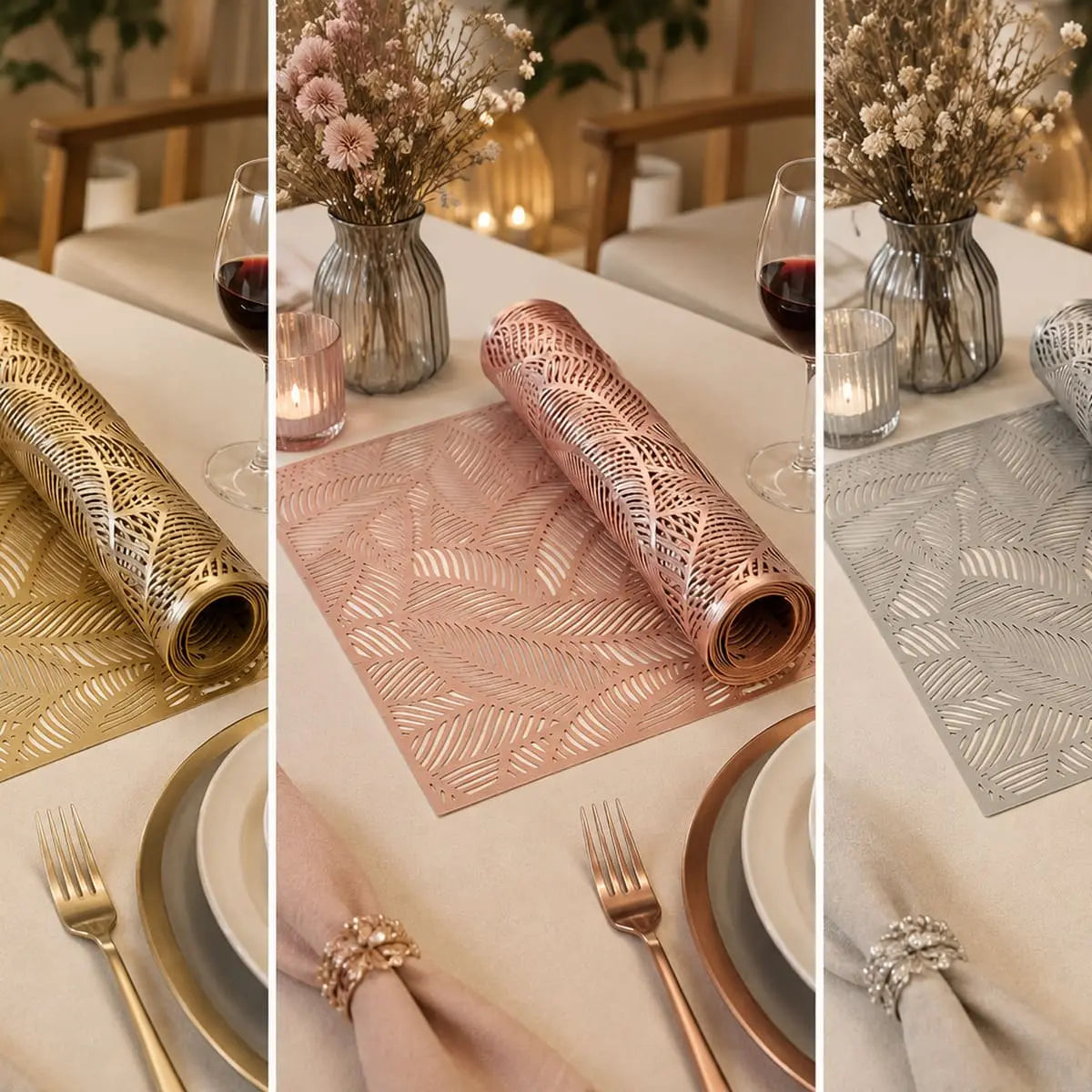 Chemin de table vinyle disponible en trois coloris soit or, rose doré et argent, présentés en rouleaux sur une table dressée