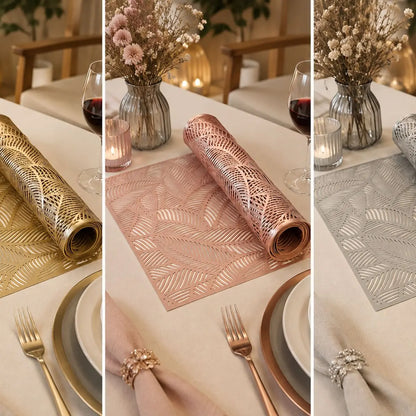 Chemin de table vinyle disponible en trois coloris soit or, rose doré et argent, présentés en rouleaux sur une table dressée