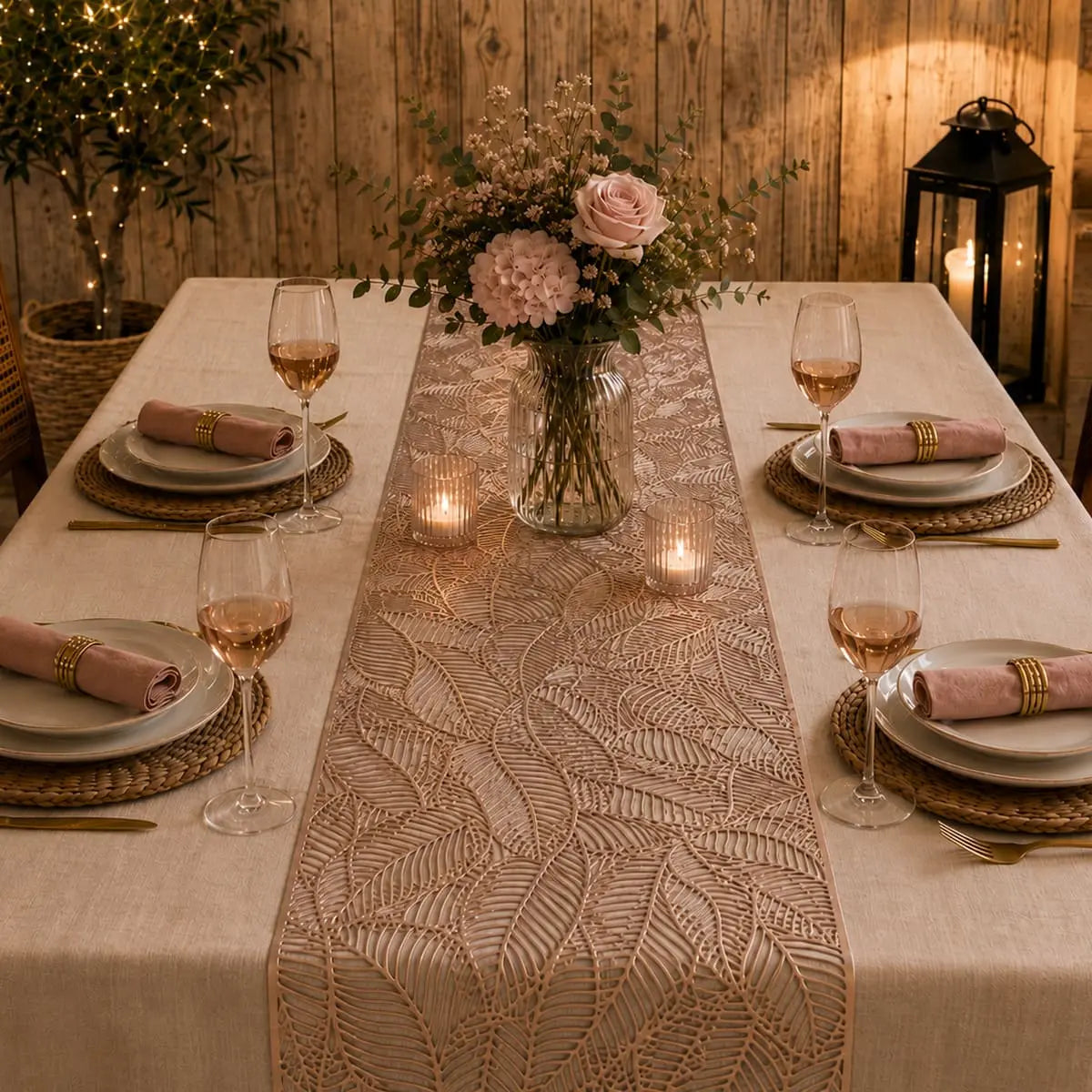 Chemin de table vinyle rose doré au motif de feuille sur table dressée romantique, ambiance chalet en bois avec bougies et roses