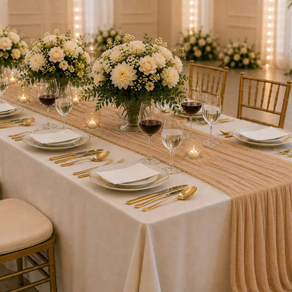 Chemin de table voilage plissé beige sur table de réception de mariage avec bouquets blancs, chaises dorées et bougies