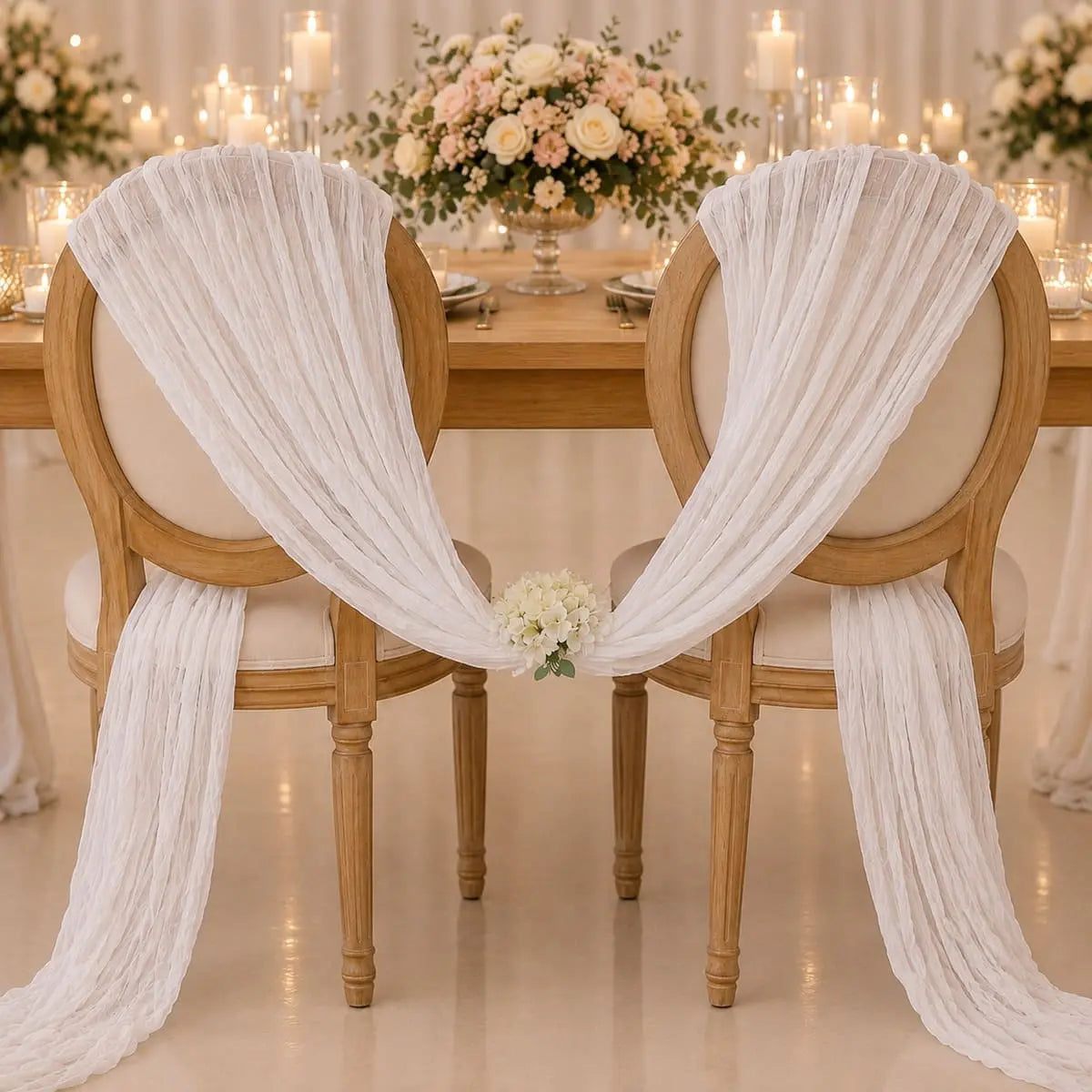 Chemin de table voilage plissé blanc noué en dos de chaise pour décoration de mariage avec bouquet de fleurs