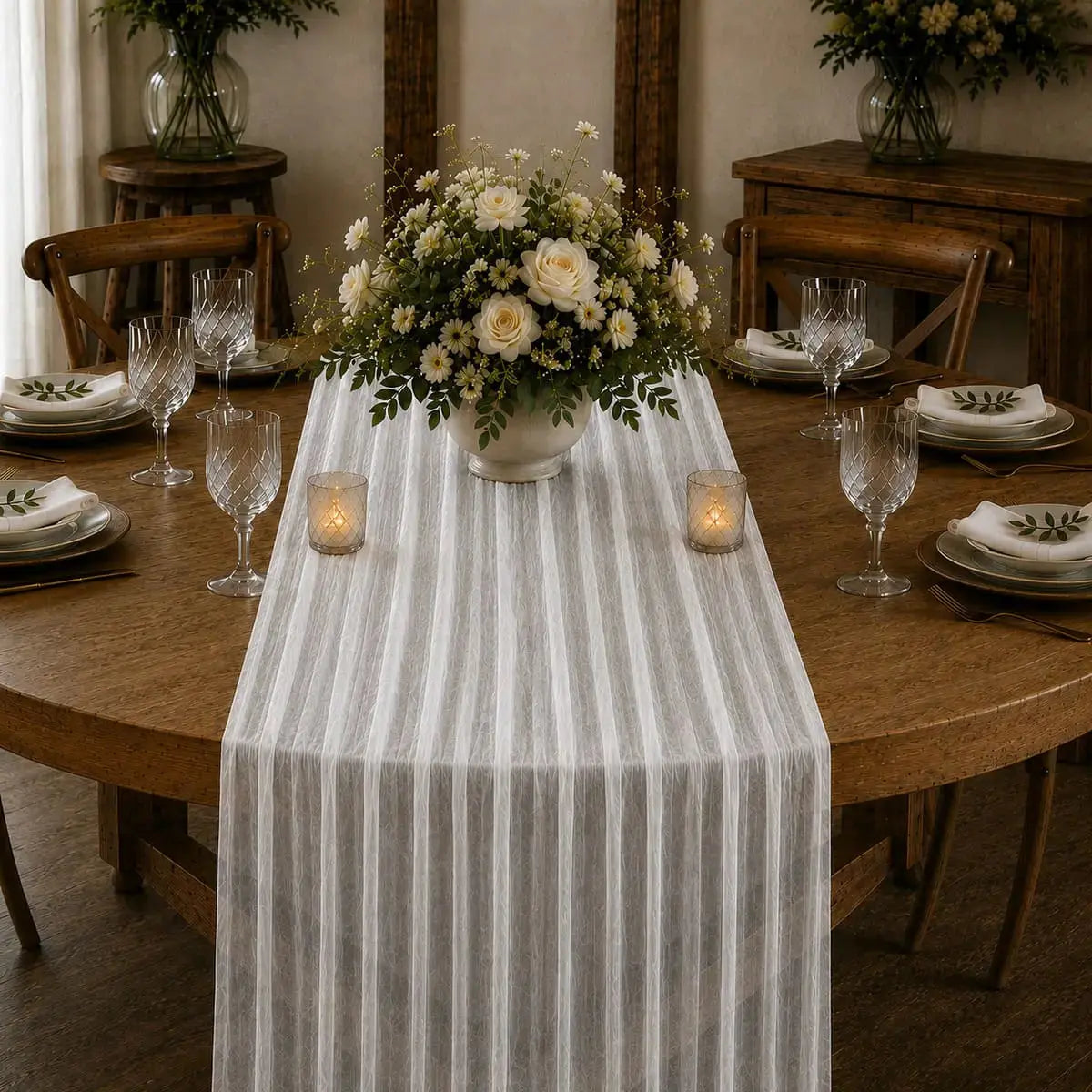 Chemin de table voilage plissé blanc  sur table romantique avec centre de table floral