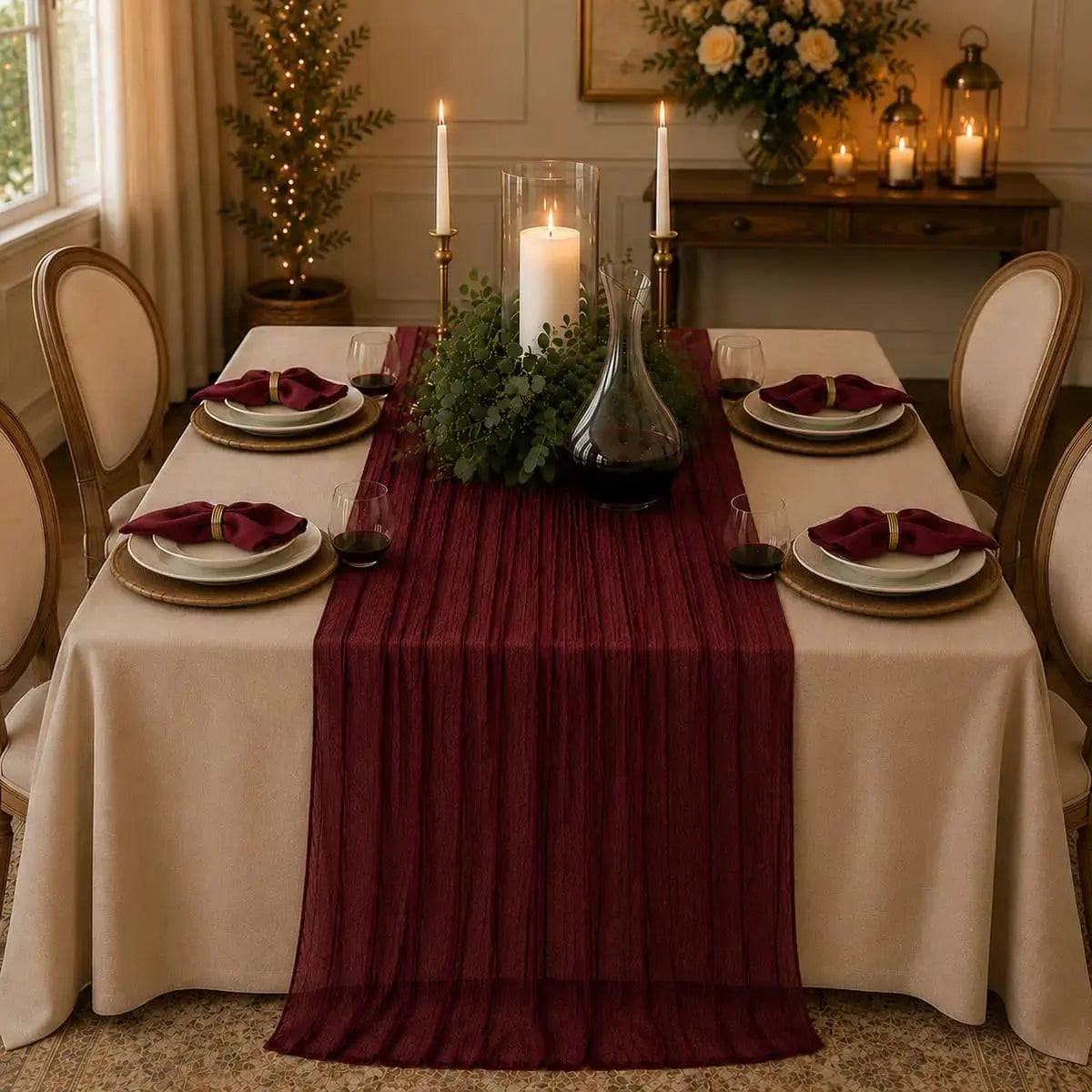 Chemin de table voilage plissé rouge vin sur table dressée avec bougies, verres à vin et serviettes assorties