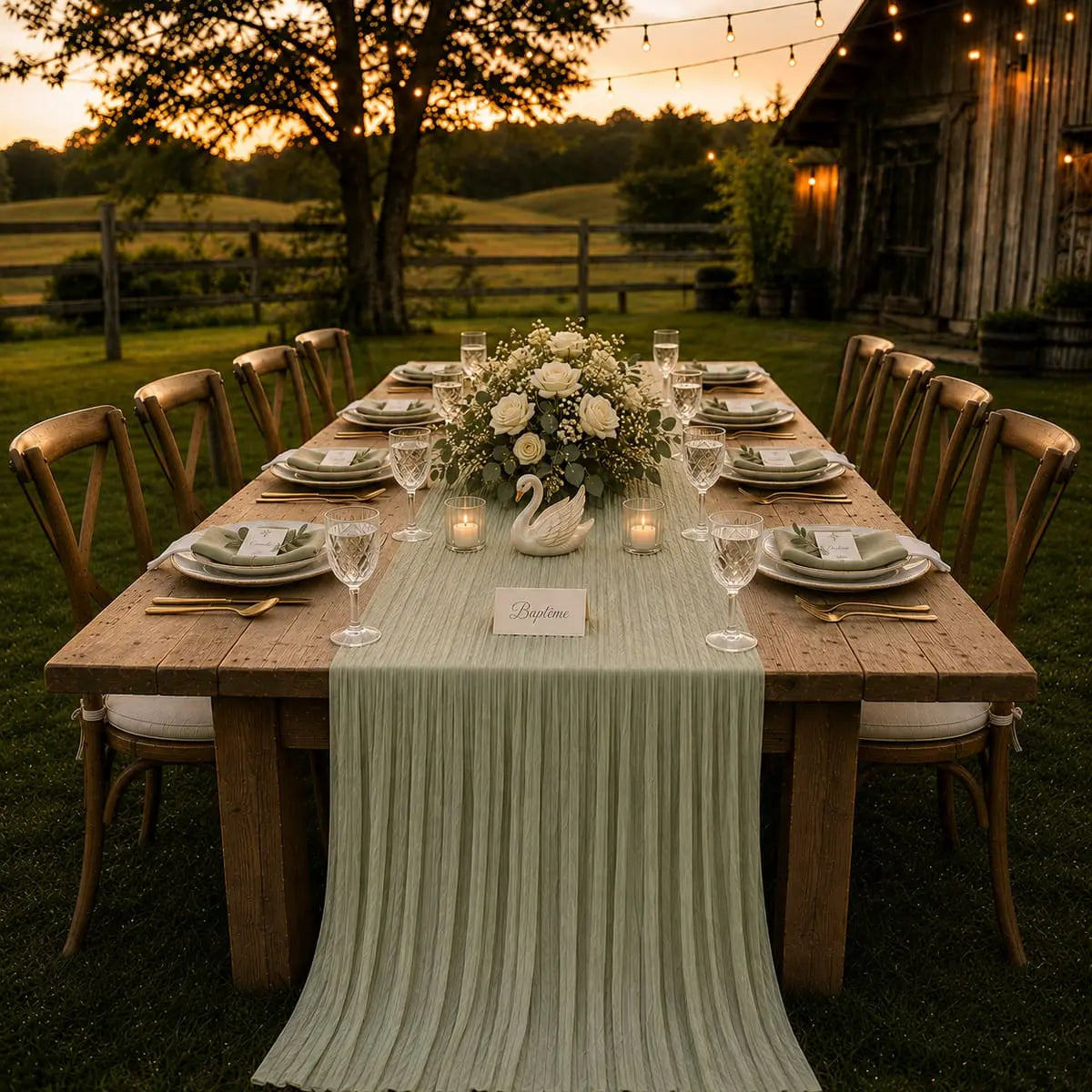 Chemin de table voilage plissé vert sauge sur table de baptême en extérieur avec bouquet de roses blanches et cygne décoratif