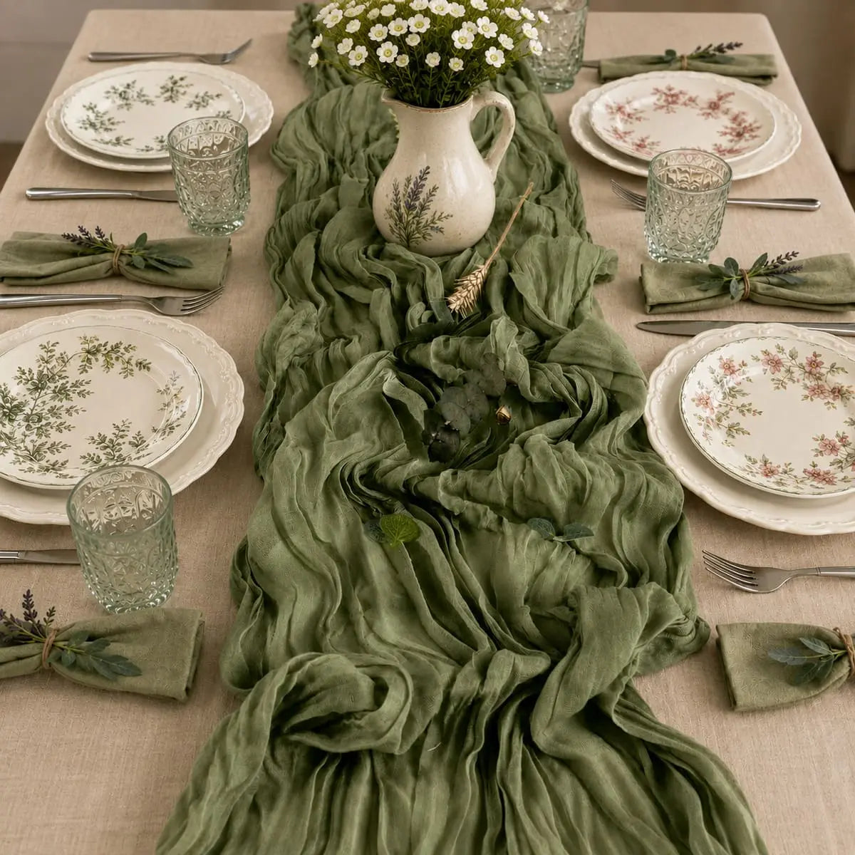 Chemin de table voilage plissé vert sauge sur table dressée champêtre avec fleurs blanches et vaisselle fleurie
