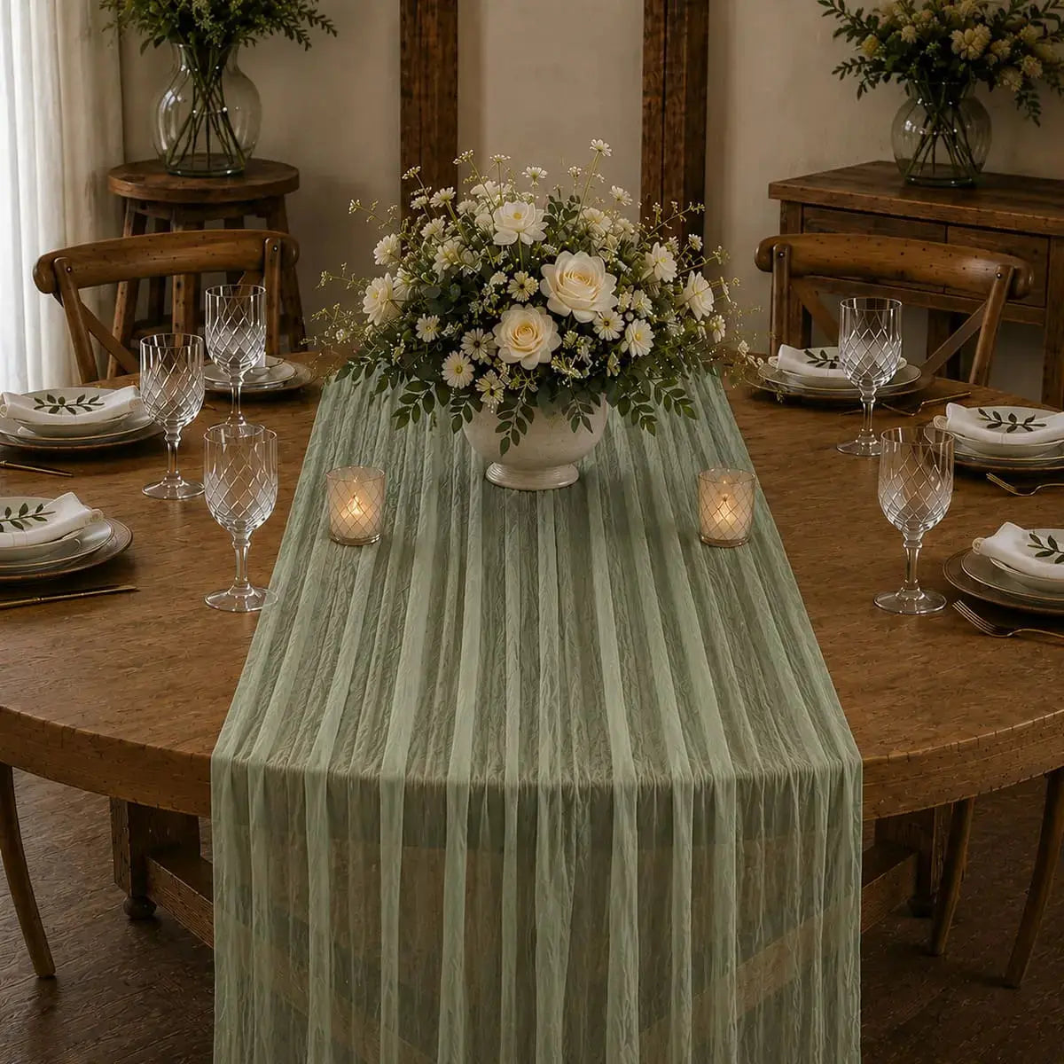 Chemin de table voilage plissé vert sauge sur table élégante avec fleurs blanches