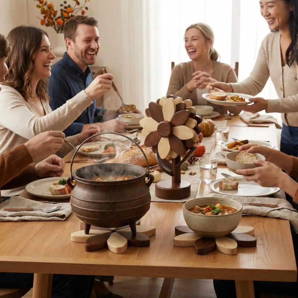 Image de dessous de plat en bois de couleur brun et beige en forme de tournesol sur une table en bois avec plusieurs convives autour d'un repas chaud à saveur automnale