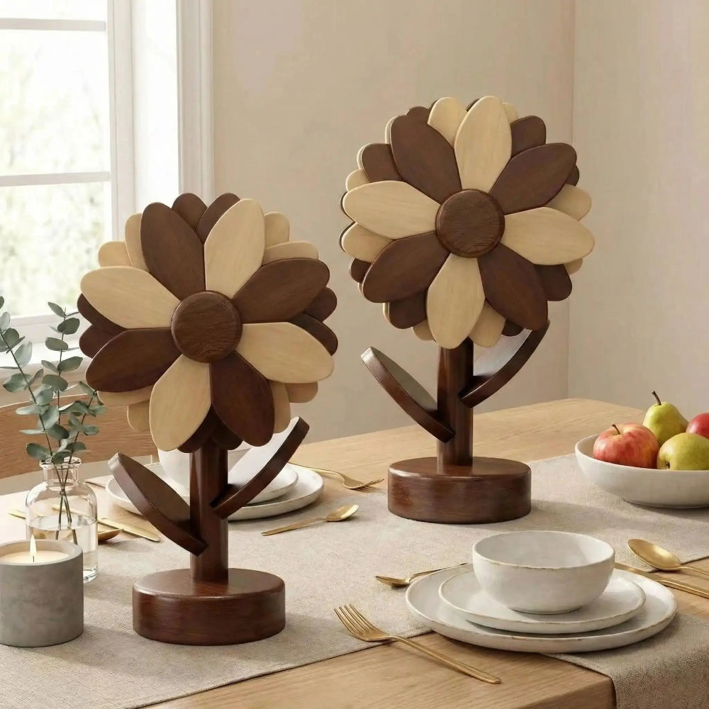 Image de dessous de plat en bois de couleur brun et beige en forme de tournesol sur une table en bois avec couverts et bougeoir