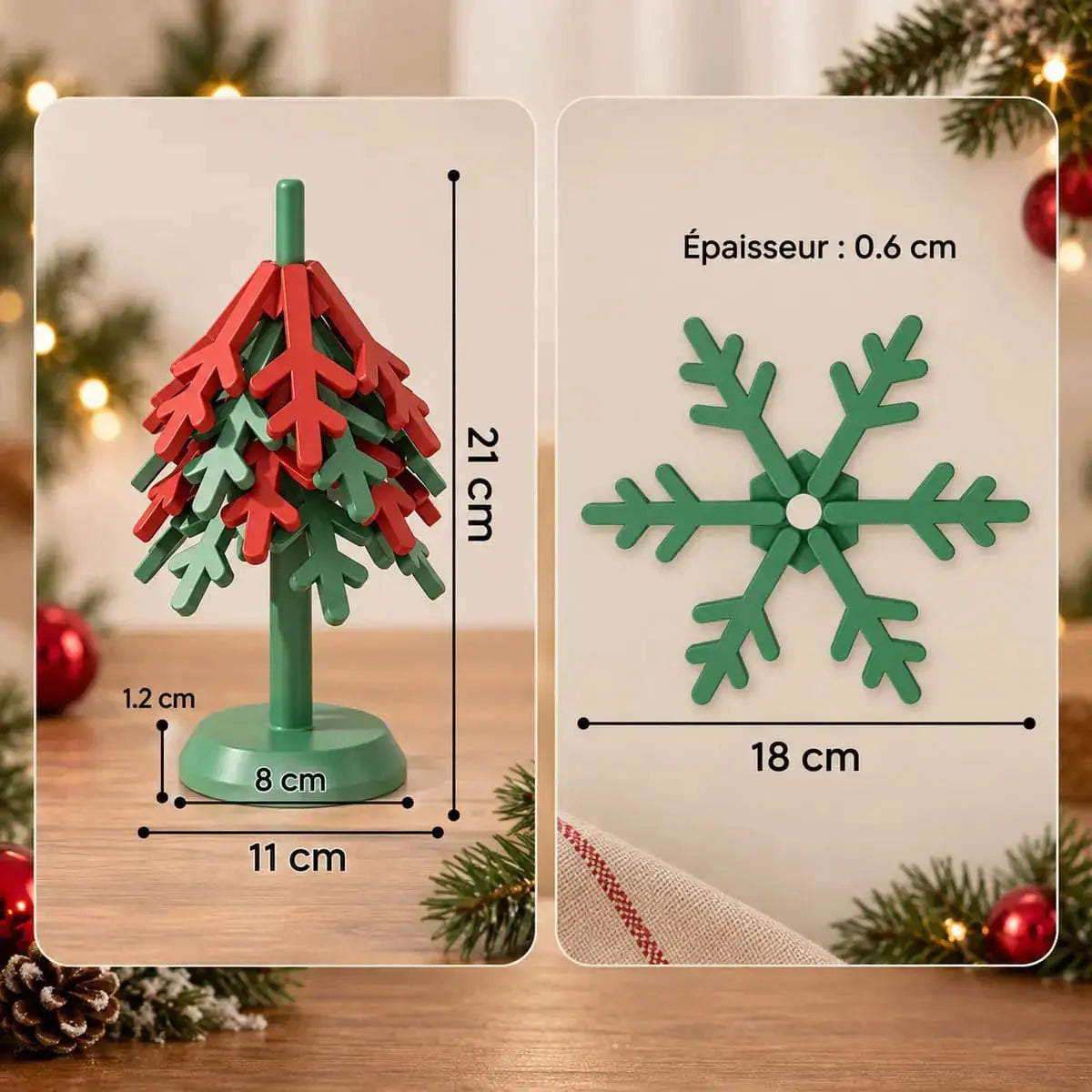 Dimensions du dessous de plat de Noël en silicone : 21 cm en forme de sapin assemblé et 18 cm en flocon de neige à plat