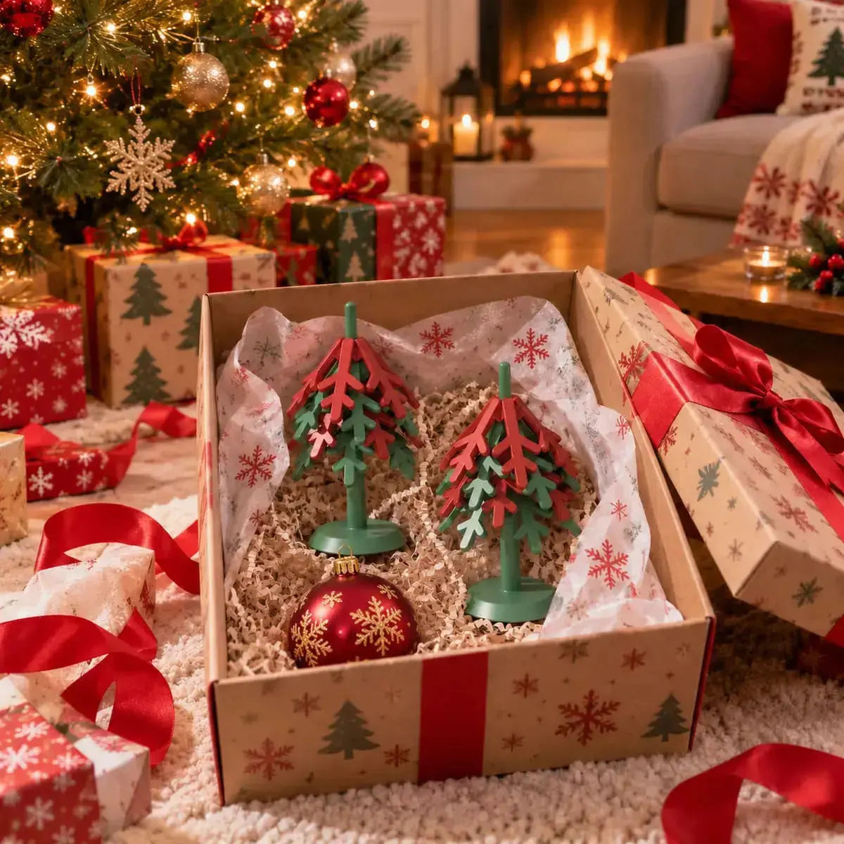 Dessous de plat de Noël en silicone livré en boîte cadeau avec papier de soie flocons de neige