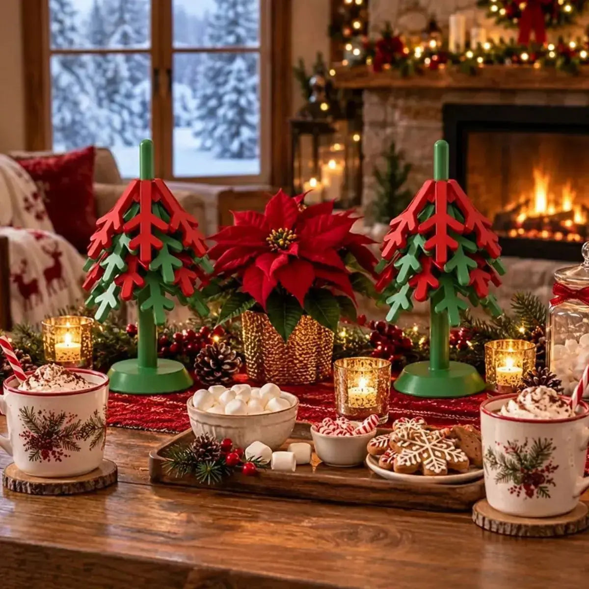 Dessous de plat de Noël en silicone flocon de neige plié en forme de sapin dans une ambiance chalet d'hiver avec chocolat chaud