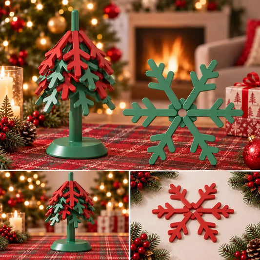 Gros plan du dessous de plat en silicone pliable, forme flocon de neige rouge et vert et aussi plié sous forme de sapin