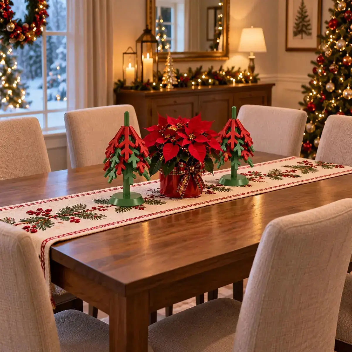 Dessous de plat de Noël en silicone forme sapin en centre de table dans une salle à manger décorée