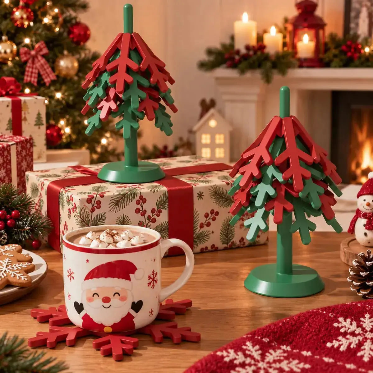Dessous de plat de Noël en silicone en forme de sapin à côté d'un chocolat chaud et de cadeaux