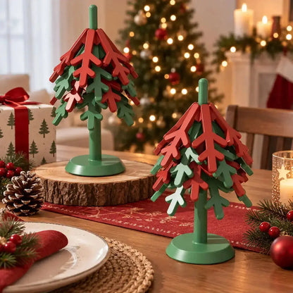 Dessous de plat de Noël en silicone en forme de sapin décoratif posé sur une table des fêtes