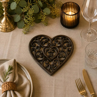 Dessous de plat en fonte en forme de cœur bronze sur une table dressée avec bougie et couvert doré