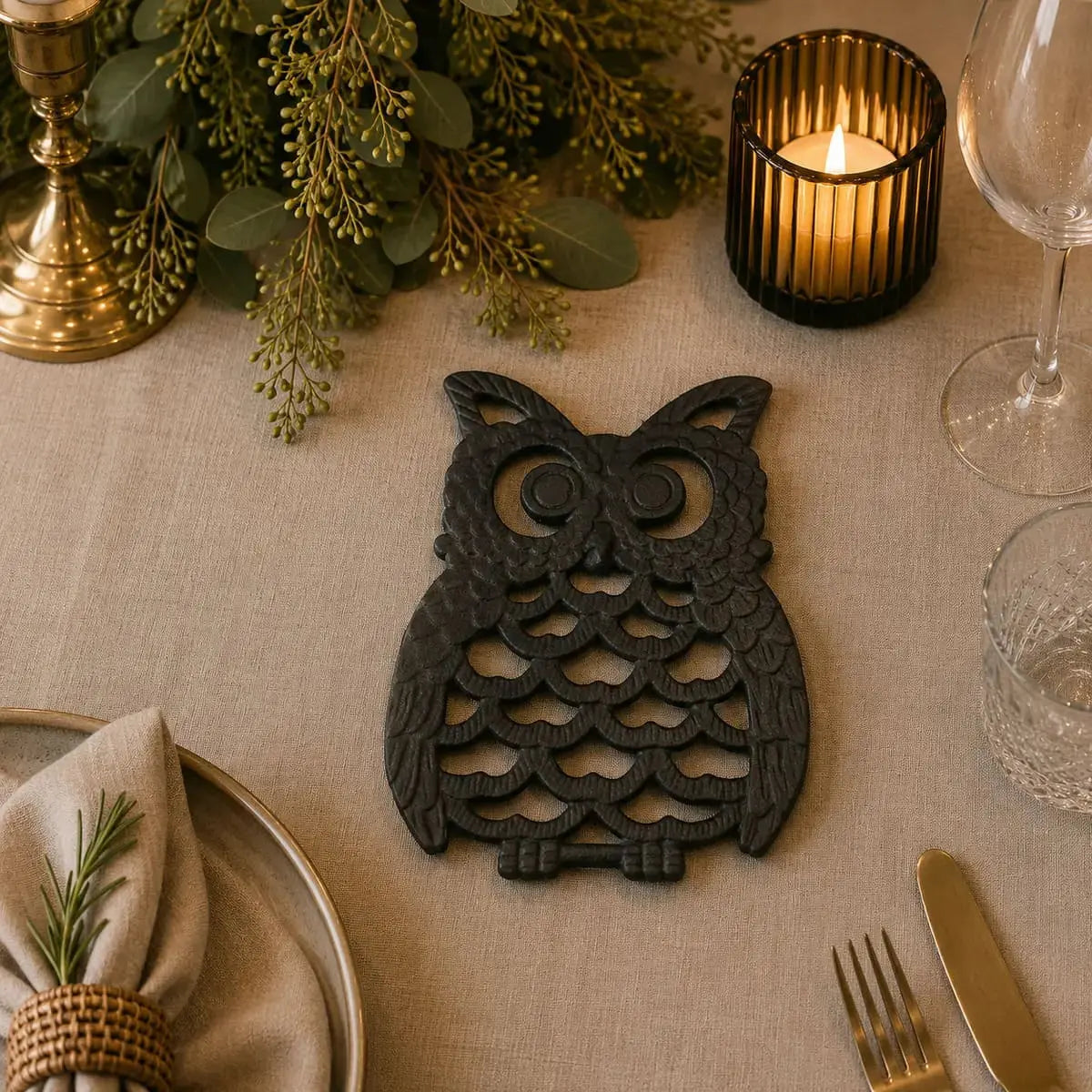 Dessous de plat en fonte en forme de hibou noir sur une table dressée avec bougie et couvert doré