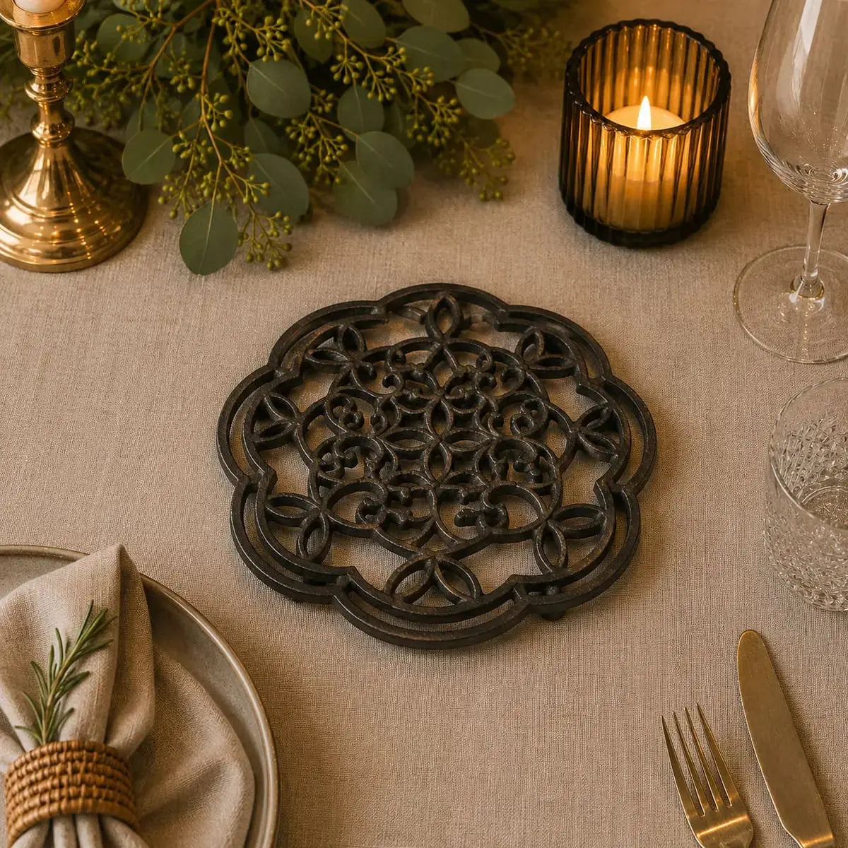 Dessous de plat en fonte en forme de napperon de dentelle bronze sur une table dressée élégante