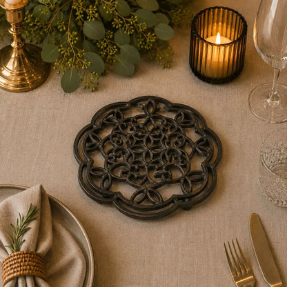Dessous de plat en fonte en forme de napperon de dentelle bronze sur une table dressée élégante