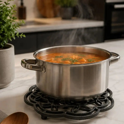 Dessous de plat en fonte en forme de napperon de dentelle soutenant une marmite en inox remplie de soupe dans une cuisine moderne