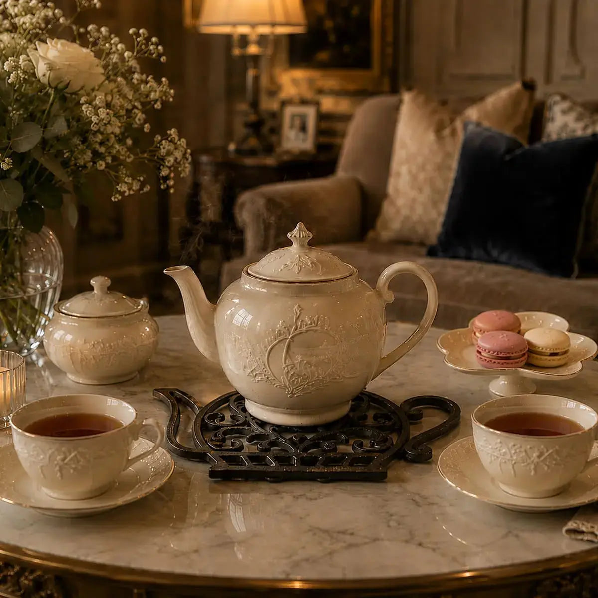 Dessous de plat en fonte en forme de théière soutenant une théière en porcelaine dans un salon élégant avec thé et macarons
